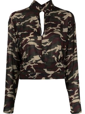 Semicouture camouflage-print keyhole-neck blouse - Green