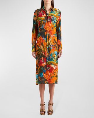 Seneca Tropical-Print Linen Midi Shirtdress