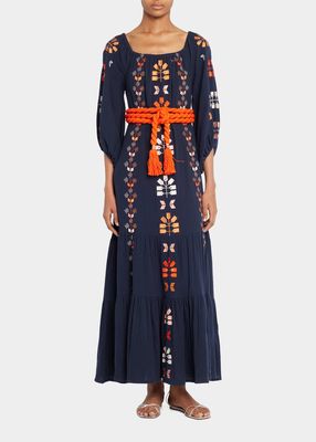 Senna Glided-Embroidered Gauze Belted Maxi Dress
