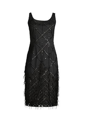 Sequin & Feather-Embellished Midi-Dress