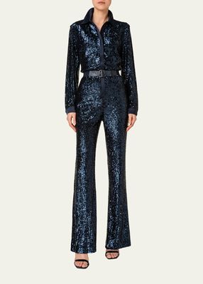 Sequin Bootcut Jumpsuit with Removable Leather Belt