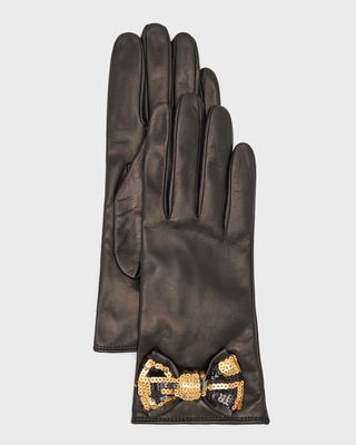 Sequin Bow Nappa Leather Gloves