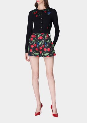 Sequin Cherry-Applique Crop Cashmere Cardigan