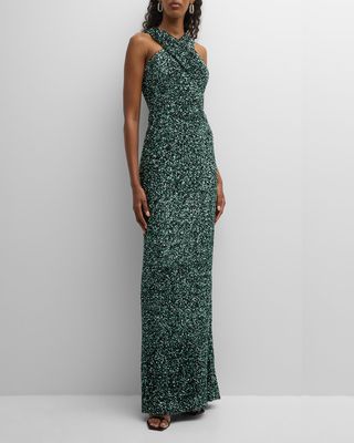 Sequin Crossover Halter Gown