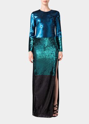 Sequin-Embellished Colorblock Column Gown