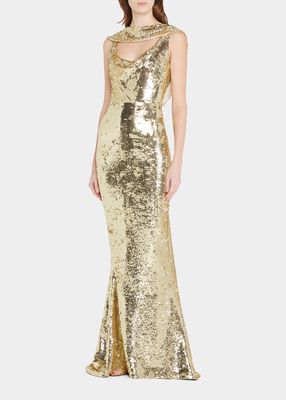 Sequin-Embellished Cowl Scarf Mermaid Gown