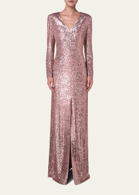 Sequin Embellished Gown with Front Slit