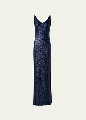 Sequin-Embellished Jersey Column Gown