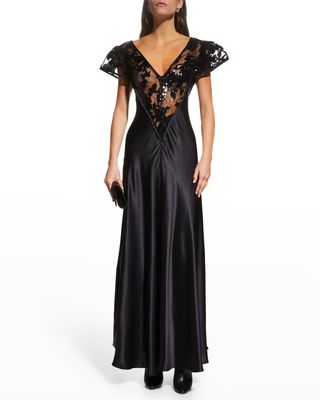 Sequin-Embellished Lace Silk Gown, Black