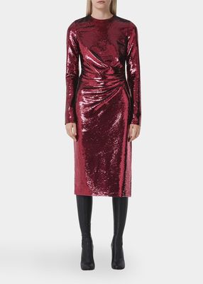 Sequin-Embellished Midi Dress with Gathered Waist