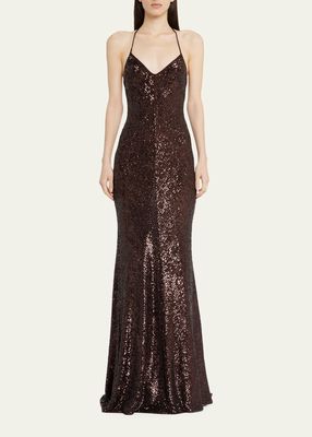 Sequin-Embellished Spaghetti Strap Gown