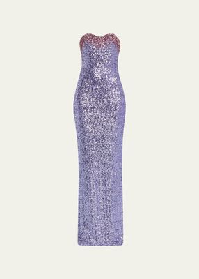 Sequin-Embellished Strapless Column Gown with Oversized Crystals