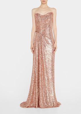 Sequin-Embellished Strapless Draped Gown