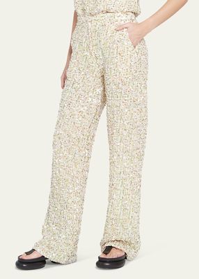 Sequin Embellished Textured Straight-Leg Trousers