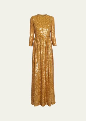 Sequin-Embellished Three-Quarter Sleeve Gown