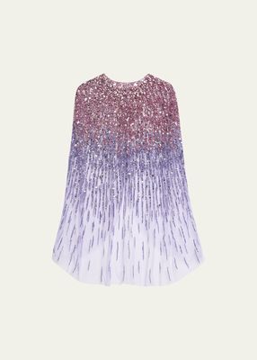 Sequin-Embellished Tulle Fingertip Cape with Oversized Crystals