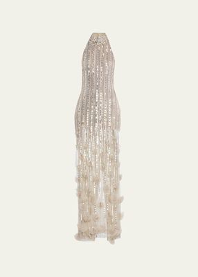 Sequin-Embellished Tulle Halter Gown with Organza Petals