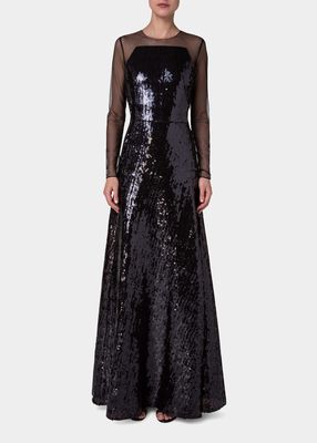 Sequin-Embellished Tulle Sleeve Gown