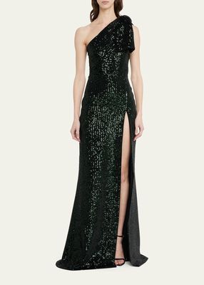 Sequin-Embellished Velvet One-Shoulder Dress