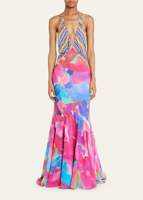 Sequin-Embellished Watercolor Halter Bias Gown