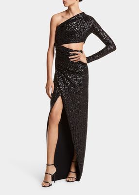 Sequin-Embroidered Cutout One-Shoulder Gown