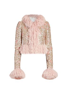Sequin-Embroidered Faux Feather-Trim Jacket