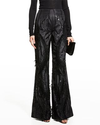 Sequin Embroidered Flare-Leg Taffeta Pants