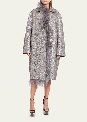Sequin Embroidered Long Coat with Feather Trim