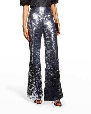 Sequin Embroidered Side-Stripe Flare-Leg Pants