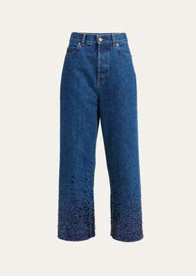 Sequin Embroidered Wide-Leg Ankle Denim Jeans