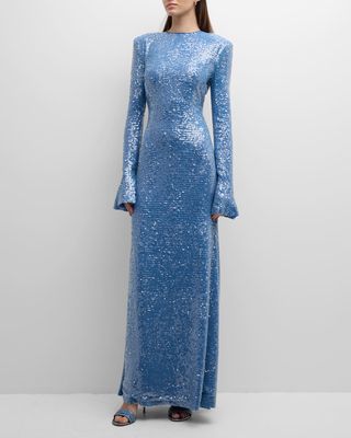 Sequin Flare-Sleeve Strong-Shoulder Maxi Dress