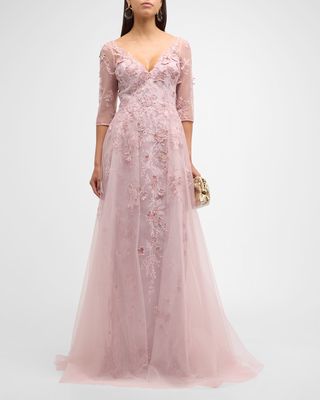 Sequin Floral-Embroidered A-Line Tulle Gown