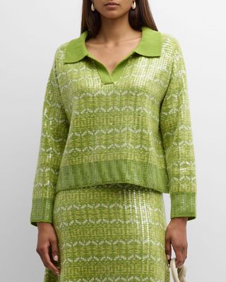 Sequin Geometric Intarsia Polo Sweater