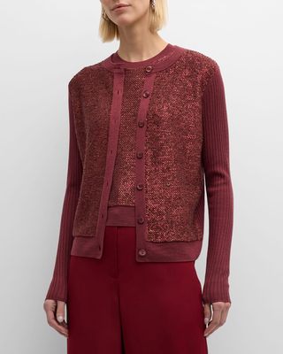 Sequin Knit Crewneck Cardigan With Rib Back And Sleeves