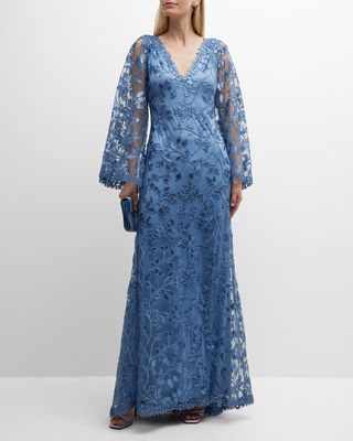 Sequin Lace Illusion-Sleeve Gown