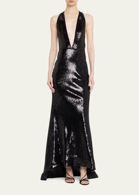 Sequin Liquid Gown with Deep V-Neck
