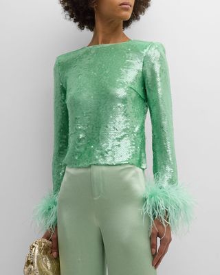 Sequin Long-Sleeve Feather-Cuff Top