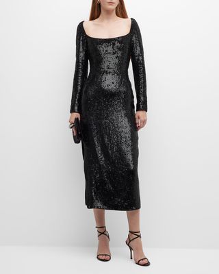 Sequin Long-Sleeve Side-Slit Midi Dress