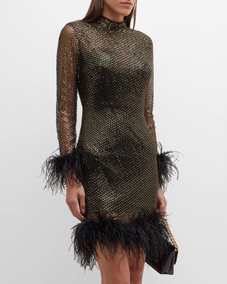 Sequin Mock-Neck Feather-Trim Mini Dress