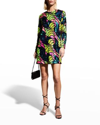 Sequin Neon Leaf-Print Shift Dress
