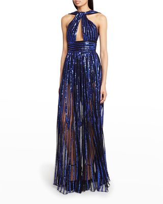 Sequin Striped Keyhole Halter Tulle Gown
