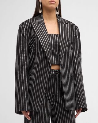 Sequin Twill Oversized Pinstripe Blazer