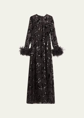 Sequin Waisted Column Gown with Feather Cuffs
