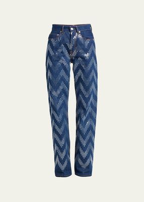Sequin Zig-Zag Embroidered Denim Trousers