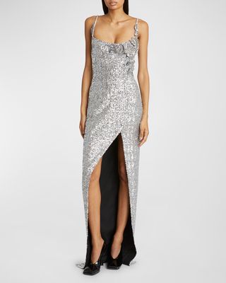 Sequined Column Gown with Rose Detail