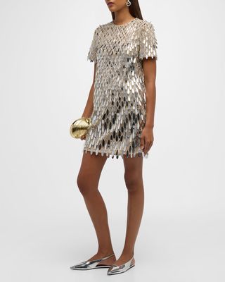 Sequined Crystal Short-Sleeve Mini Shift Dress