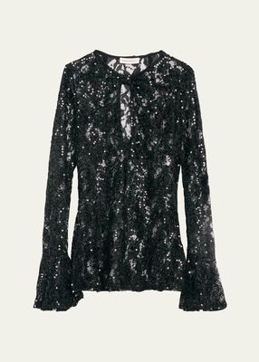 Sequined Cutout Bell-Cuff Lace Top