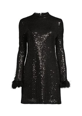 Sequined Feather-Cuff Minidress