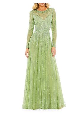 Sequined Long-Sleeve Illusion Gown