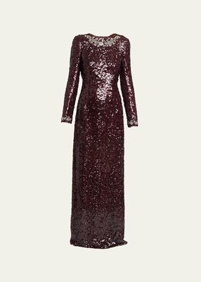 Sequined Long-Sleeve Slim Fit Gown with Ribbon Back